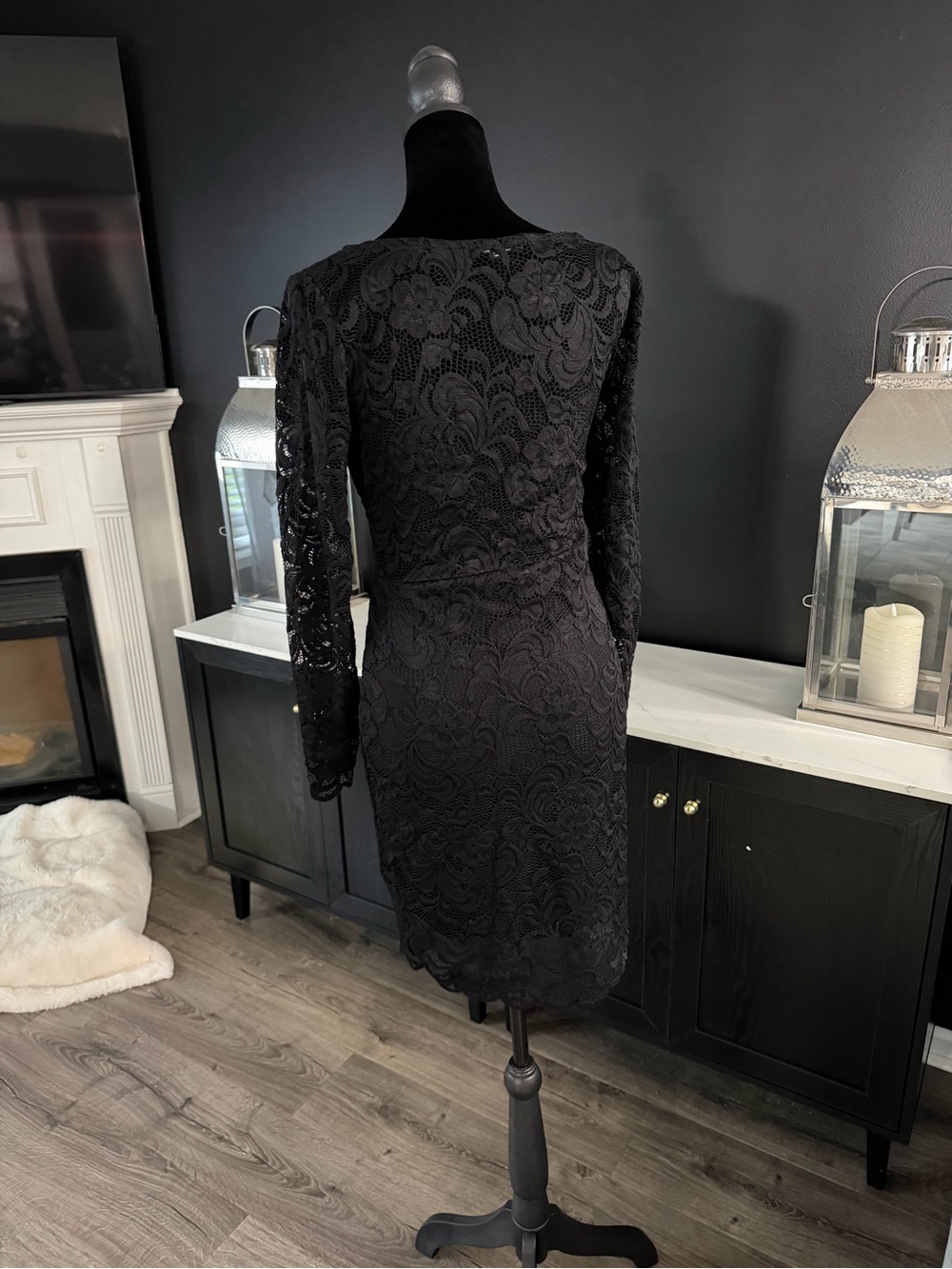 Ambiance Black Lace Sheer Long Sleeve Dress Bodycon - Picture 4 of 6